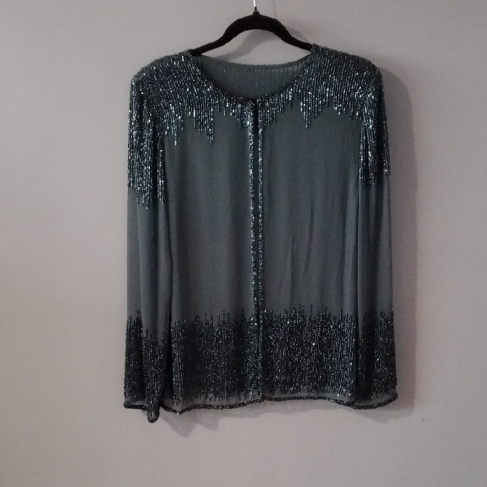 Gray and Blue Sequin Embellished Long Sleeve Blouse